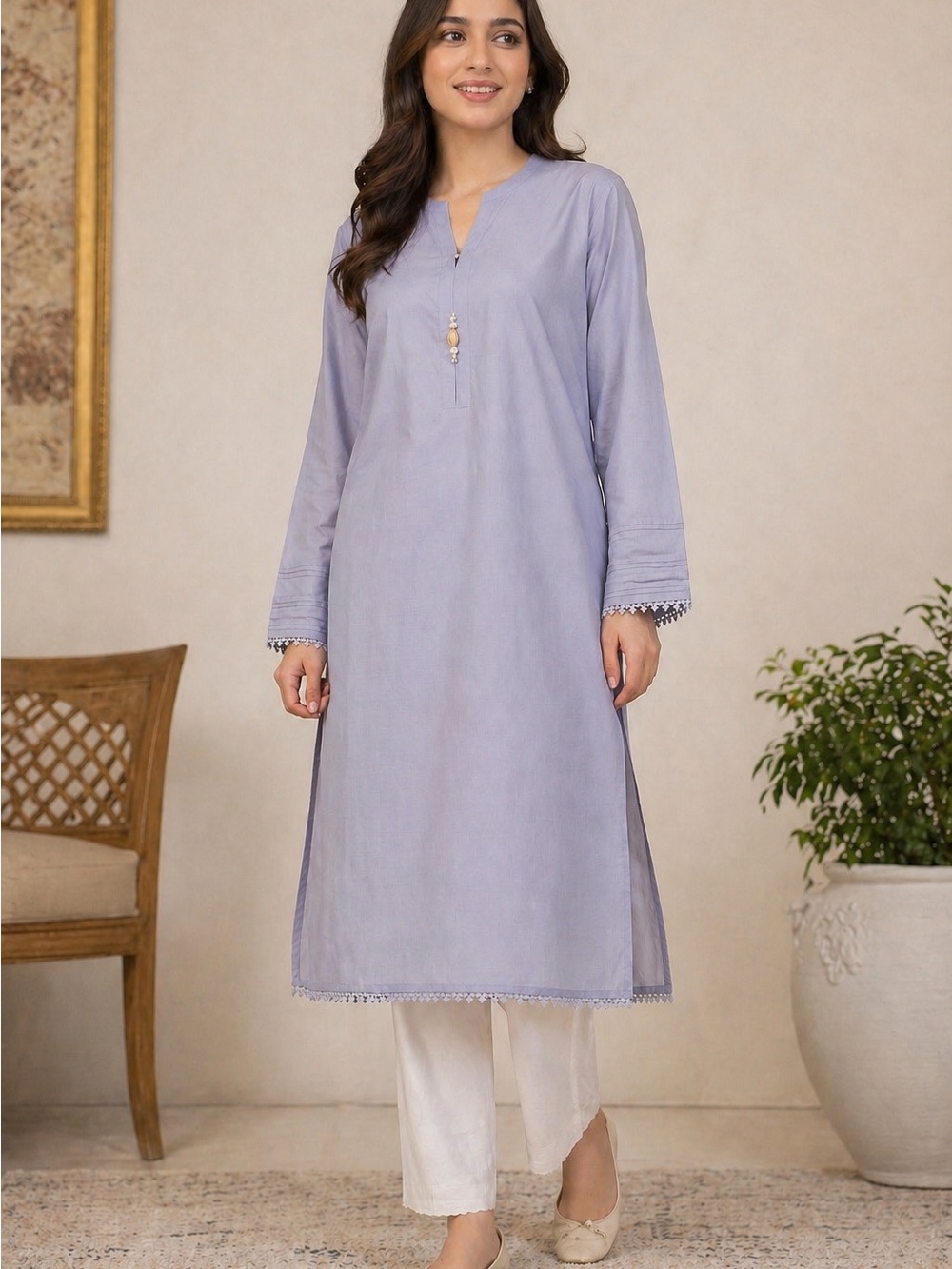 Lilac Straight-Cut kurti Tunic with Delicate Trim